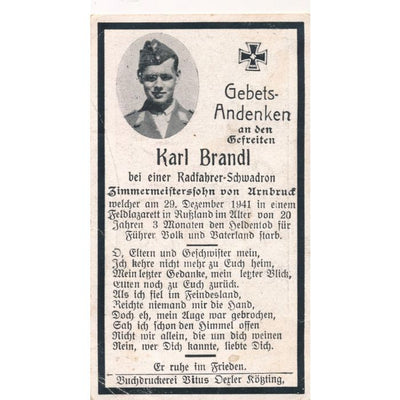 GERMAN WWII DEATH CARD FOR CYCLIST SQUADREN SOLDER KARL BRANDL