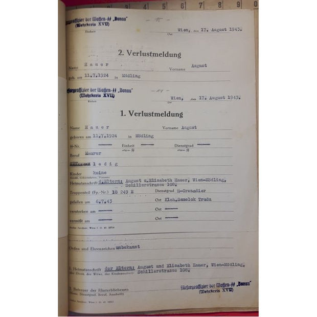 SS TOTENKOPF DEATH FILE FOR WAFFEN SS-MANN AUGUST HAUER