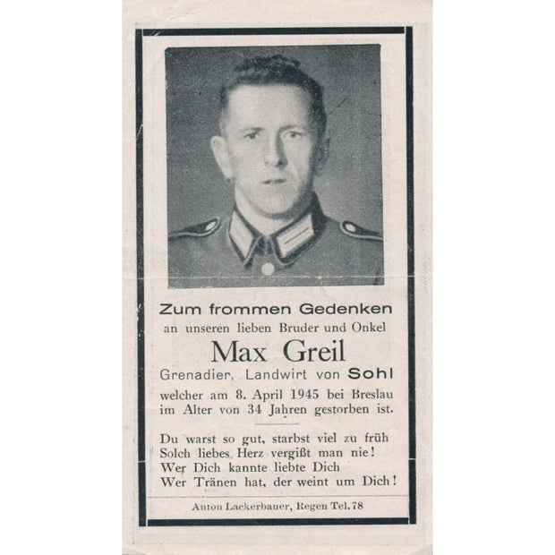 GERMAN WWI DEATH CARD FOR GRENADIER MAX GREIL