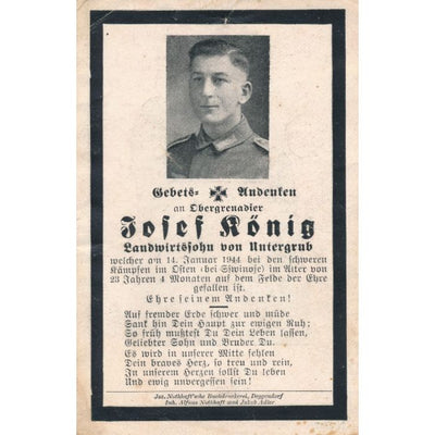 GERMAN WWII DEATH CARD FOR OBERGRENADIER SOLDIER JOFEF KONIG