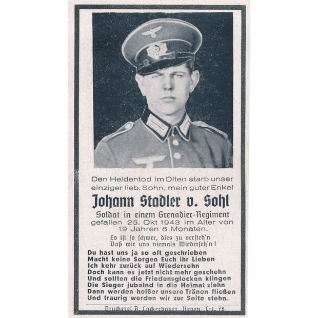 GERMAN WWII DEATH CARD FOR GRENADIER REGIMENT SOLDIER JOHANN STADLER V. SOHL