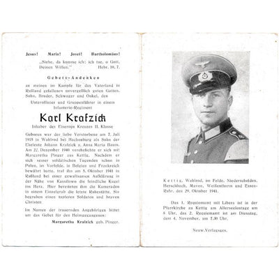 GERMAN WWI DEATH CARD FOR INFANTRY REGIMENT UNTEROFFIZIER AND GRUPPENFUHRER KARL KRAFZICK