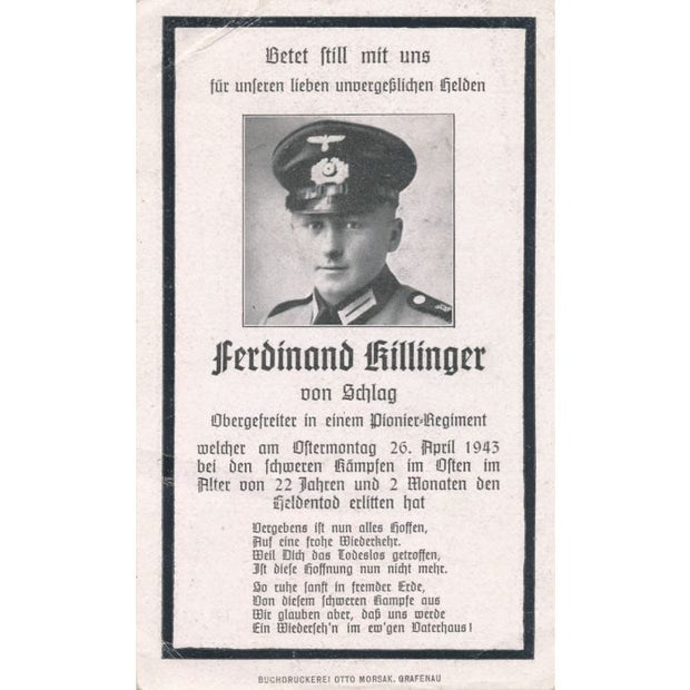 GERMAN WWI DEATH CARD FOR PIONEER REGIMENT OBERGEFREITER FERDINAND KILLINGER