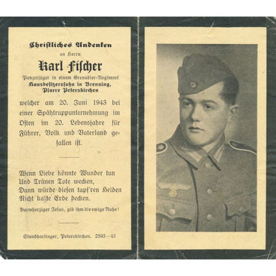 GERMAN WWI DEATH CARD FOR GRENADIER REGIMENT PANZERJAGER KARL FILCHER