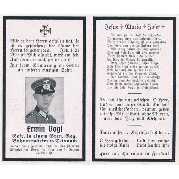 GERMAN WWII DEATH CARD FOR RAILWAY TECHNICIAN ERWIN VOGL