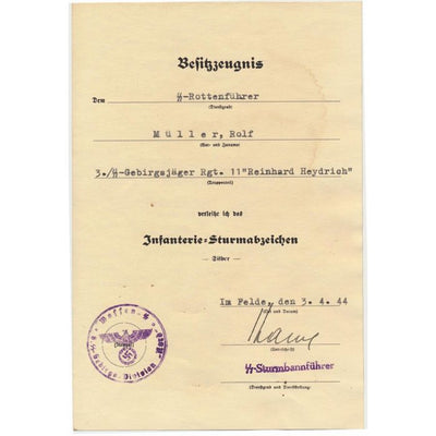 GERMAN SS ROTTENFUHRER ROLF MULLER 3.SS GEBIRGSJAGER RGT 11 REINHARD HEYDRICH DIVISION NORD DOCUMENT