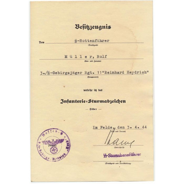 GERMAN SS ROTTENFUHRER ROLF MULLER 3.SS GEBIRGSJAGER RGT 11 REINHARD HEYDRICH DIVISION NORD DOCUMENT