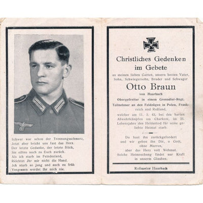 GERMAN WWII DEATH CARD FOR GRENADIER REGMT. OBERGEFREITER OTTO BRAUN