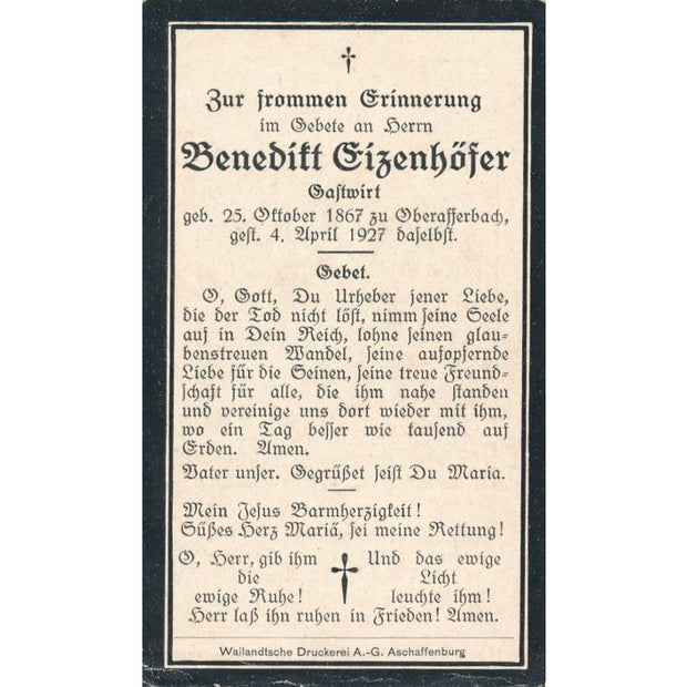 GERMAN WWI DEATH CARD FOR BENEDITT OIZENHOFER