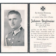 GERMAN WWII DEATH CARD FOR PANZER DIVISION UNTEROFFIZIER JOHANN STIGLMEIER