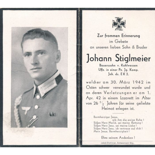 GERMAN WWII DEATH CARD FOR PANZER DIVISION UNTEROFFIZIER JOHANN STIGLMEIER