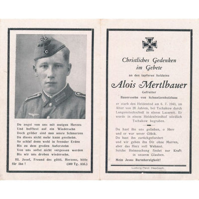 GERMAN WWII DEATH CARD FOR GEFREITER ALOIS MERTLBAUER