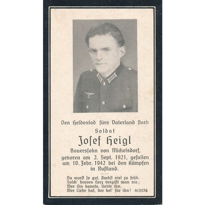 GERMAN WWII DEATH CARD FOR SOLDATE JOSEF HEIGL