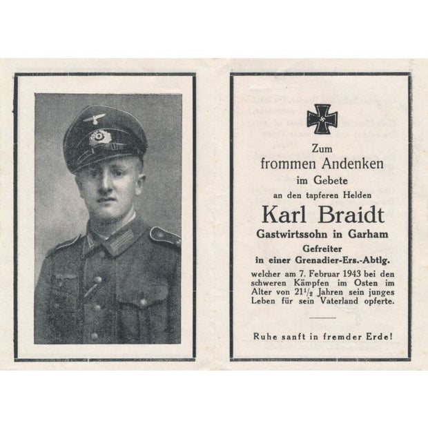 GERMAN WWII DEATH CARD FOR INFANTRY REGIMENT SOLDIER JOSEF BIELMEIER