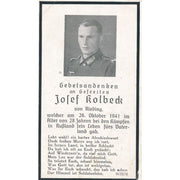 GERMAN WWII DEATH CARD FOR SOLDIER JOJEF KILBECK