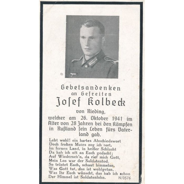 GERMAN WWII DEATH CARD FOR SOLDIER JOJEF KILBECK