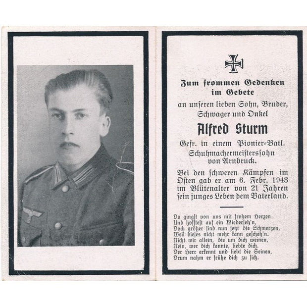 GERMAN WWII DEATH CARD FOR GEFREITER PIONEER BATTALION SOLDIER ALFRED STURM