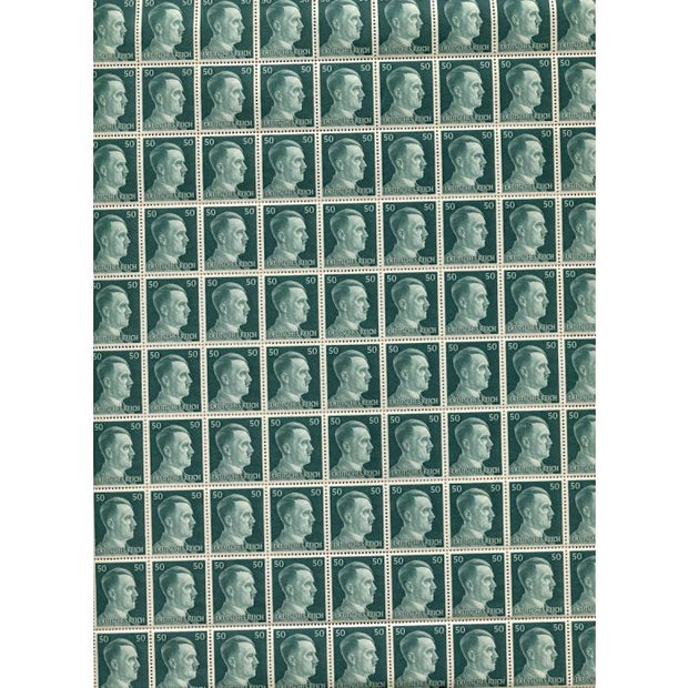 FULL AND COMPLETE GERMAN WWII HITLER HEAD STAMP SHEET OF 100 STAMPS 50 RPF VALUE. FULL GUM