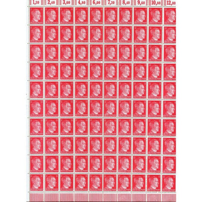 FULL AND COMPLETE GERMAN WWII HITLER HEAD STAMP SHEET OF 100 STAMPS 12 RPF VALUE. FULL GUM