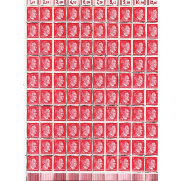 FULL AND COMPLETE GERMAN WWII HITLER HEAD STAMP SHEET OF 100 STAMPS 12 RPF VALUE. FULL GUM