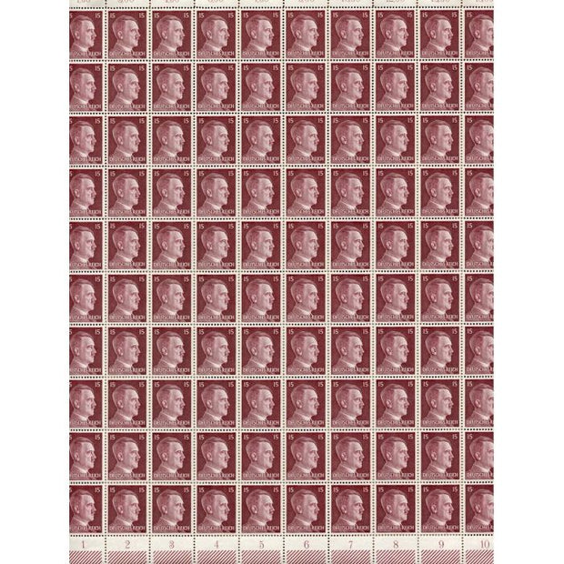 FULL AND COMPLETE GERMAN WWII HITLER HEAD STAMP SHEET OF 100 STAMPS 15 RPF VALUE. FULL GUM