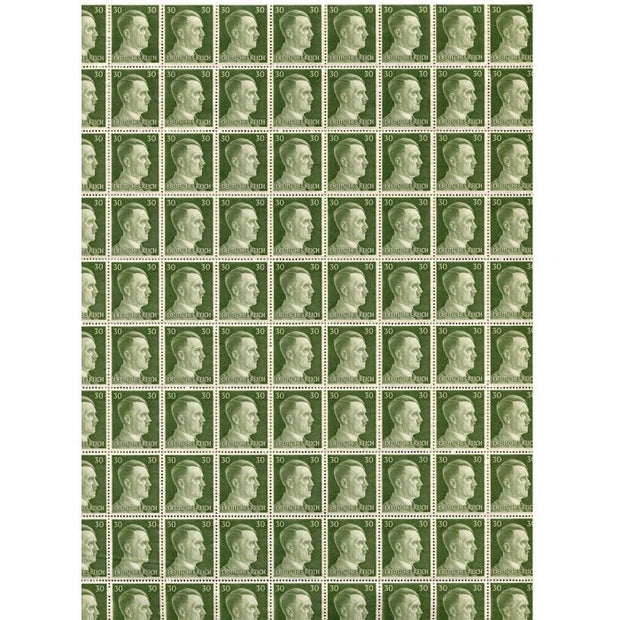 FULL AND COMPLETE GERMAN WWII HITLER HEAD STAMP SHEET OF 100 STAMPS 30 RPF VALUE. FULL GUM