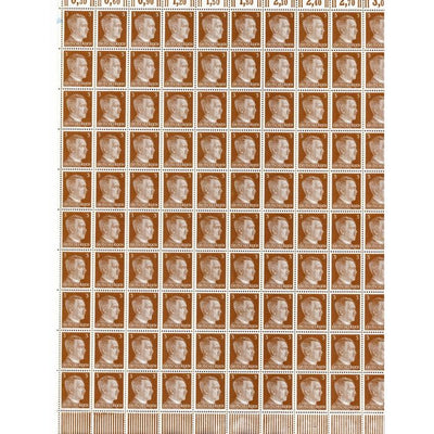 FULL AND COMPLETE GERMAN WWII HITLER HEAD STAMP SHEET OF 100 STAMPS 3 RPF VALUE. FULL GUM
