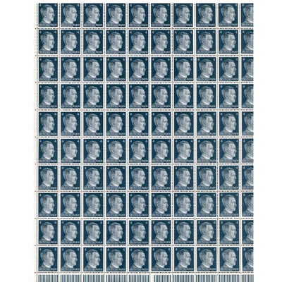 FULL AND COMPLETE GERMAN WWII HITLER HEAD STAMP SHEET OF 100 STAMPS 4 RPF VALUE. FULL GUM