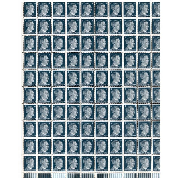 FULL AND COMPLETE GERMAN WWII HITLER HEAD STAMP SHEET OF 100 STAMPS 4 RPF VALUE. FULL GUM