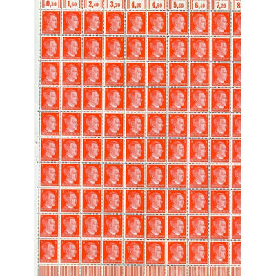 FULL AND COMPLETE GERMAN WWII HITLER HEAD STAMP SHEET OF 100 STAMPS 8 RPF VALUE. FULL GUM