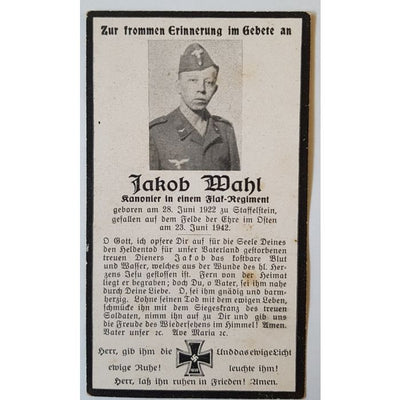 GERMAN DEATH CARD FOR GUNNER WITH THE FLAK REGIMENT JACOB MAHL