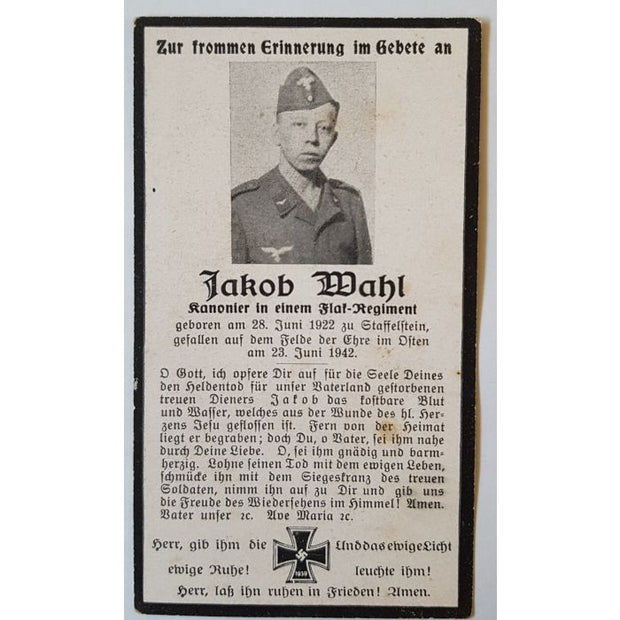 GERMAN DEATH CARD FOR GUNNER WITH THE FLAK REGIMENT JACOB MAHL