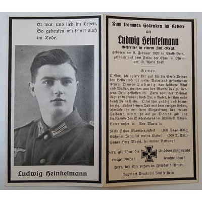 GERMAN DEATH CARD FOR GEFREITER INFANTRY REGIMENT SOLDIER LUDWIG HEINKELMANN