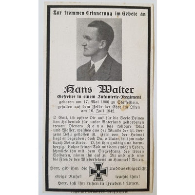 GERMAN WW11 DEATH CARD FOR INFANTRY REGIMENT GEFREITER HANS WALTER