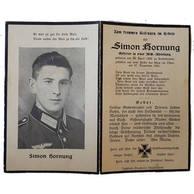 GERMAN WW11 DEATH CARD FOR GEFREITER SIMON HORNUNG