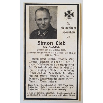 GERMAN WW11 DEATH CARD FOR SIMON LIEB