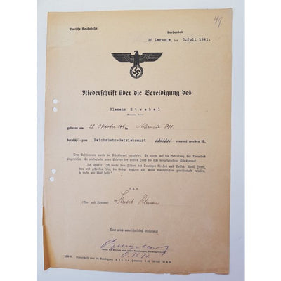 OATH OF LOYALTY TO HITLER DEUTSCHE REICHSBAHN DOCUMENT