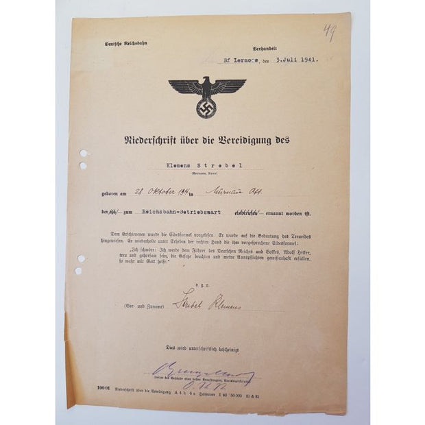 OATH OF LOYALTY TO HITLER DEUTSCHE REICHSBAHN DOCUMENT
