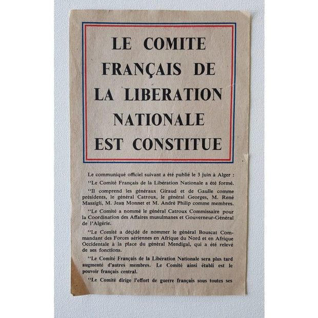 OFFICIAL COMMUNIQUE FROM GENERAL DE GAULLE ON JUNE 3rd REGARDING THE FRENCH NATIONAL LIBERATION COMMITTE