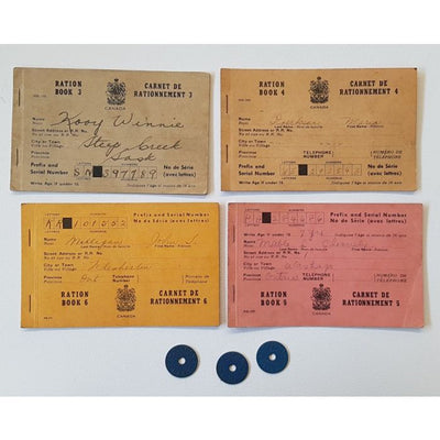 ORIGINAL USED CANADIAN WW2 RATION BOOKS AND MEAT RATION TOKEN
