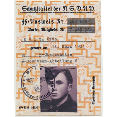 SS AUSWEIS DER NSDAP SS OBERSCHUTZE OTTO BART SS SCHUTZEN ABT 6