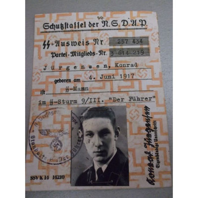 SS NSDAP AUSWEIS KONRAD JURGENSEN SS VERFUGUNGSTRUPPE DER FUHRER