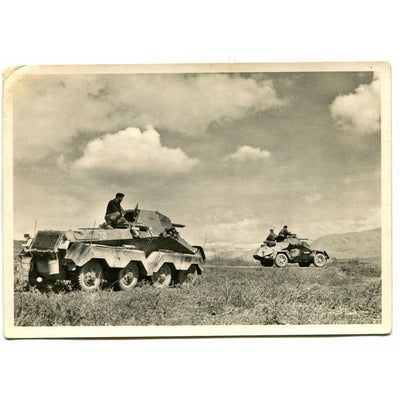 UNSERE WAFFEN SS POST CARD "ARMORED RECONNAISSANCE CARS FORWARD!"