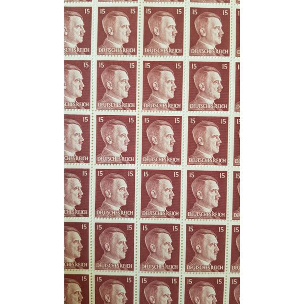 FULL AND COMPLETE GERMAN WWII HITLER HEAD STAMP SHEET OF 100 STAMPS 15 RPF VALUE. FULL GUM
