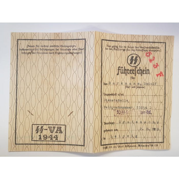 SS FUHRERSCHEIN RUDOLF BARKMANN