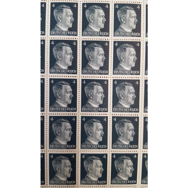 FULL AND COMPLETE GERMAN WWII HITLER HEAD STAMP SHEET OF 100 STAMPS 4 RPF VALUE. FULL GUM