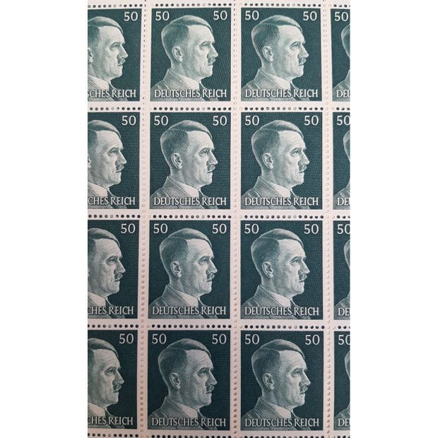 FULL AND COMPLETE GERMAN WWII HITLER HEAD STAMP SHEET OF 100 STAMPS 50 RPF VALUE. FULL GUM