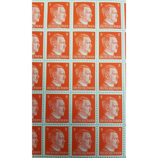 FULL AND COMPLETE GERMAN WWII HITLER HEAD STAMP SHEET OF 100 STAMPS 8 RPF VALUE. FULL GUM