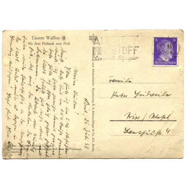 UNSERE WAFFEN SS POST CARD "WITH THE RUBBER BOAT TO THE RIVER"