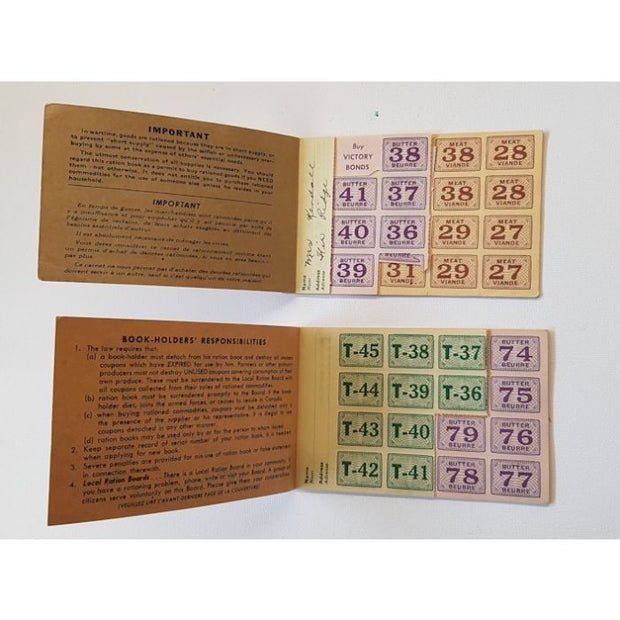 ORIGINAL USED CANADIAN WW2 RATION BOOKS AND MEAT RATION TOKEN